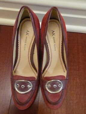 Anne Klein Red Suede Pumps with Buckle Accent